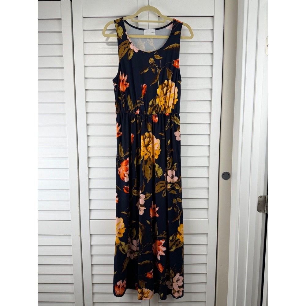 French Grey Maxi Dress XL Navy Blue Floral Sleeveless Empire Waist